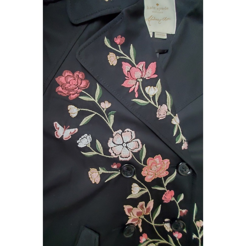 Kate Spade New York Madison Ave XXS Black Embroidered Pink Floral‎ Trench Coat - Picture 13 of 15